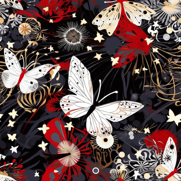 motyle i kwiaty na czarnym tle z gwiazdami generatywnymi ai