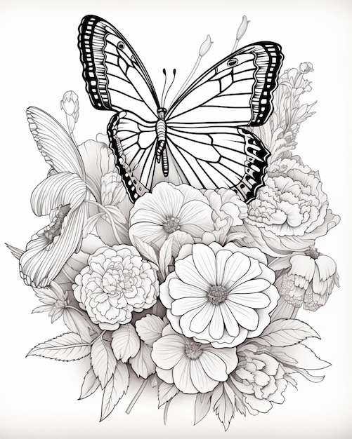 Motyle i kwiaty rysunek artysty w czarno-białym generatywnym ai