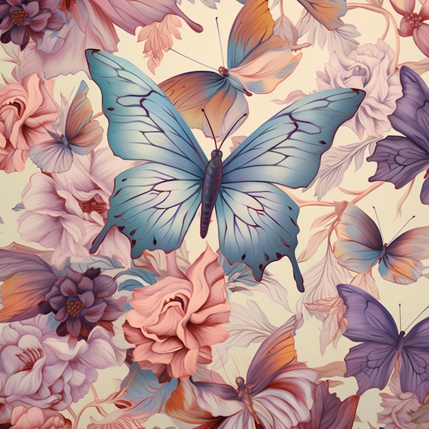 motyle i kwiaty są namalowane na tapetowanej ścianie generatywnej AI