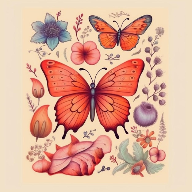 Motyle i kwiaty są pogrupowane razem w kwadratowej ramie generatywnej ai