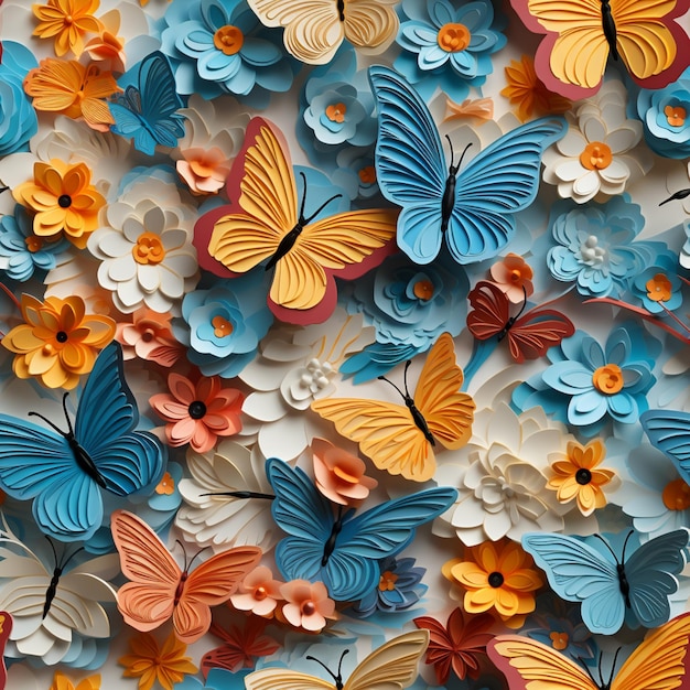 motyle i kwiaty są ułożone na ścianie w pomieszczeniu generatywne ai