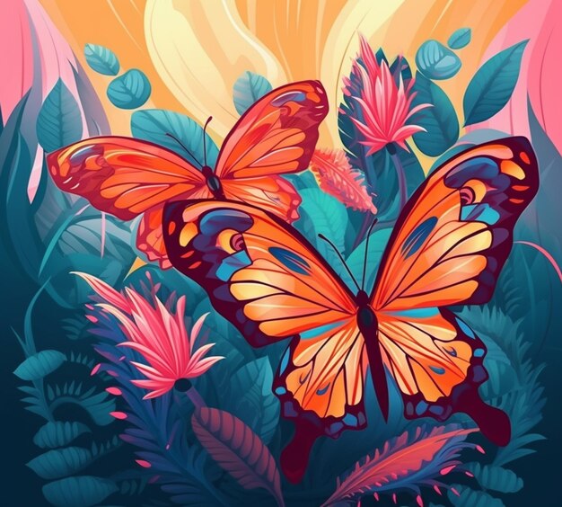 Motyle i kwiaty w kolorowym tle z generatywnym słońcem ai