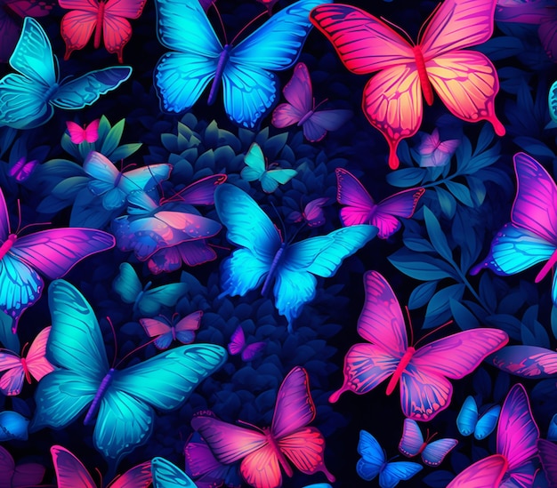 Motyle latają w ciemno niebieskich i różowych kolorach.