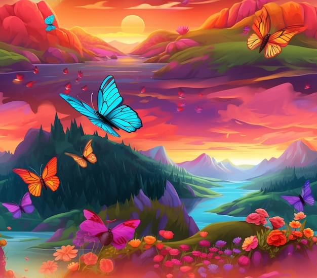 motyle latające nad kolorowym krajobrazem z jeziorem i górami