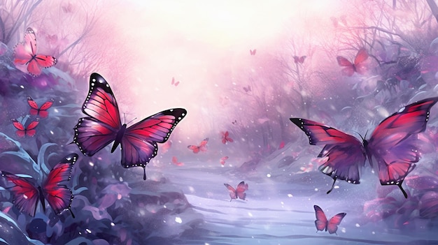 motyle latające nad strumieniem w różowym lesie generatywny ai