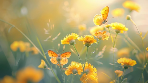 Motyle na dzikich żółtych kwiatach w świetle słońca
