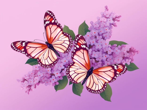 Motyle na gałęzi kwiatów lila z generatywnym ai różowym tłem