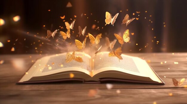 motyle wylatują z otwartej książki na drewnianym stole generatywnej ai