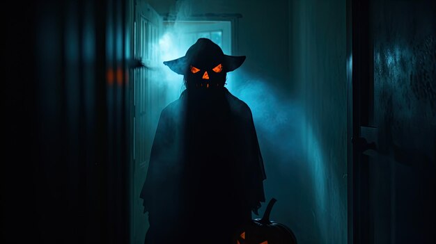 Motyw Halloween Niesamowita postać w ciemnym korytarzu z głową latarni z dyni Delikatnie oświetlone mgliste tło Rozmyta ostrość Wydłużona ekspozycja