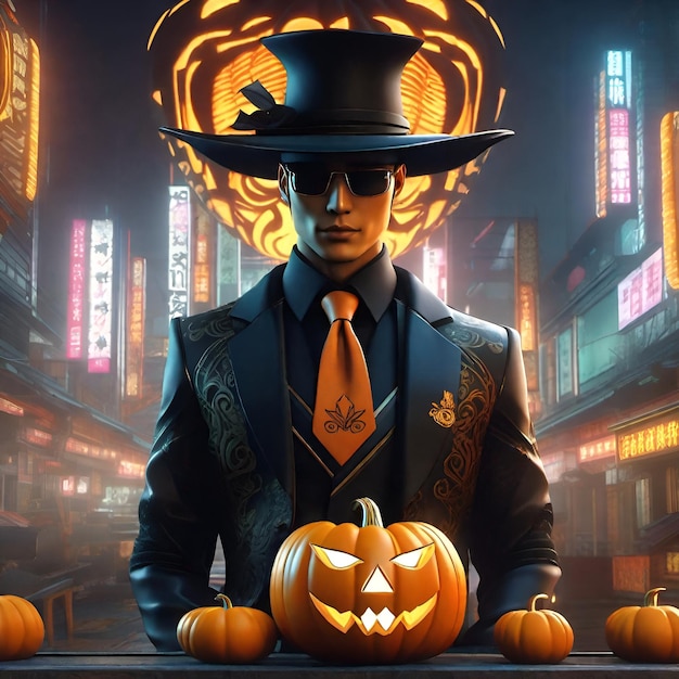 Zdjęcie motyw halloween pumpkin man w tle cyberpunk