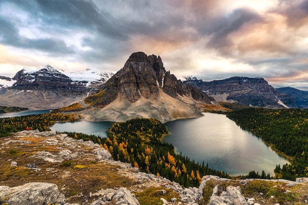 Mount Assiniboine Z Jeziorem Na Szczycie Nublet W Jesiennym Lesie O Zachodzie Słońca W Parku Prowincjonalnym, Alberta, Kanada