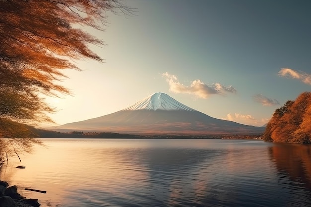 Mount fuji z liśćmi klonu pokrytymi jesienną sztuką ai