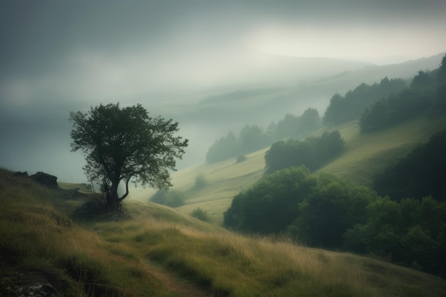 Mountain Tree Hill Mgła Tło Generatywne AI