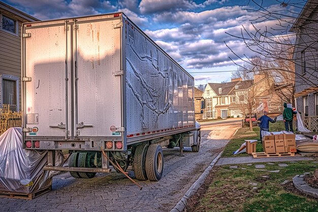 Zdjęcie moving truck parked outside a suburban home with a moving crew loading bicycles