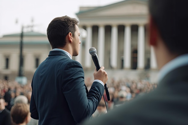 Mówca publiczny wygłasza przemówienie na świeżym powietrzu podczas imprezy biznesowej Generative ai