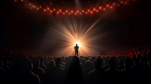 Mówca występujący na scenie z reflektorem rozmawiającym z publicznością