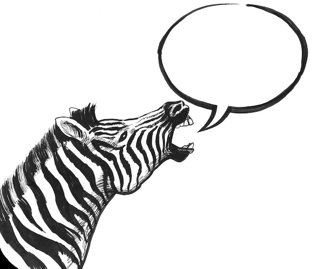 Zdjęcie mówiąca zebra. czarno-biały rysunek tuszem