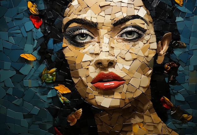 Mozaika Portret twarzy pięknej dziewczyny wykonany z setek kamiennych bloków