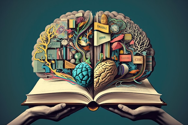 Mózg ludzki na tle książki i koloru Minimalna abstrakcyjna koncepcja czytania lub edukacji inteligencji kultury szkolnej Ładowarka do pomysłu na mózg Generacyjna sztuczna inteligencja
