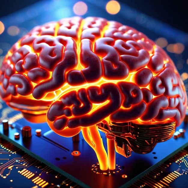 Zdjęcie mózg na mikroczipie pokazujący sztuczną inteligencję i przetwarzanie komputerowe