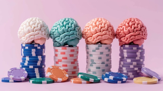 Zdjęcie mózg na stosie żetonów kasynowych w pastelowych kolorach