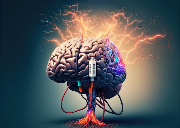 Mózg podłączony do urządzenia elektronicznego lub ładowarki Generative AI