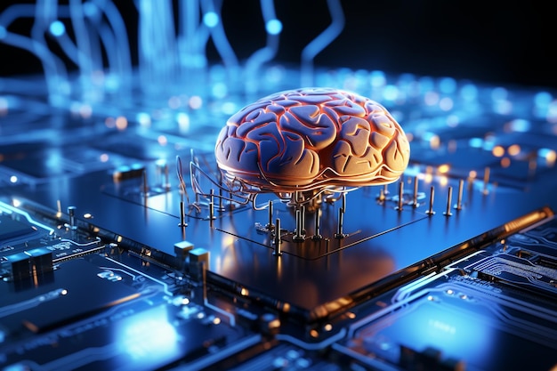 Mózg sztucznej inteligencji na tle połączeń danych