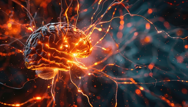 Mózg z czerwonymi i pomarańczowymi iskrami wychodzącymi z niego przez obraz wygenerowany przez sztuczną inteligencję