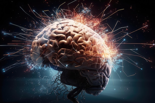 Mózg z eksplozją kolorowego proszku na ciemnym tle Koncepcja innowacji i pomysłów w zakresie zdrowia psychicznego Generative AI