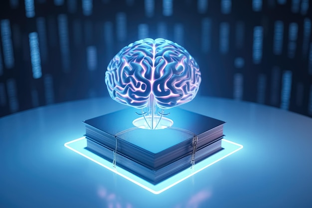 Zdjęcie mózg z niebieskim światłem neonu i książkami abstrakcyjna ilustracja 3d pokazuje, jak książki wzbogacają umysł, tworząc połączenia neuronowe i dają kreatywne pomysły generacyjna sztuczna inteligencja
