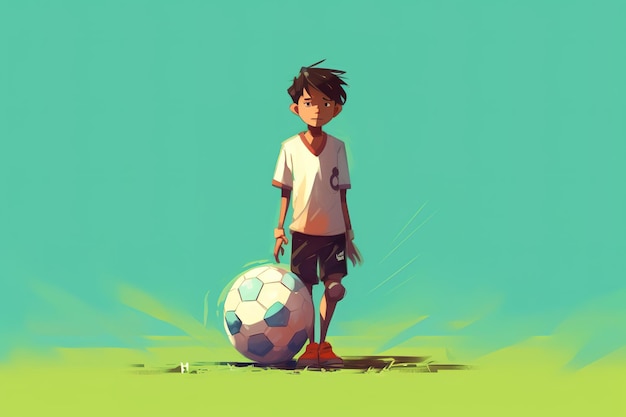Można tam zobaczyć małego chłopca pozującego obok piłki nożnej