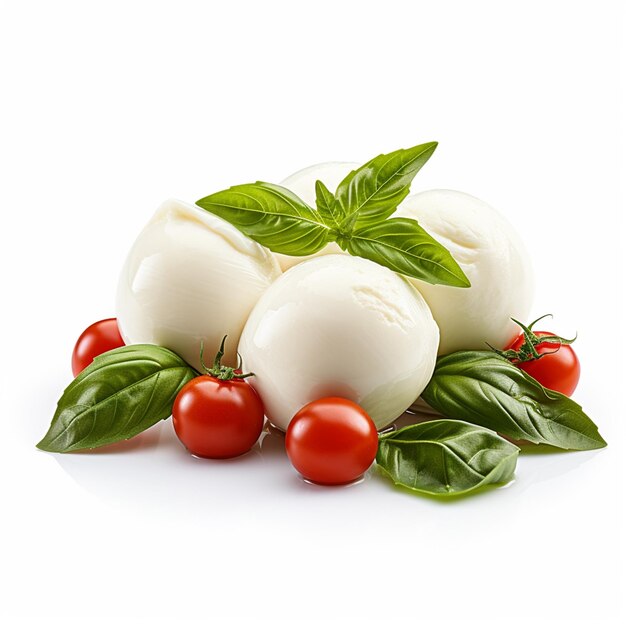 Zdjęcie mozzarella cheese balls cherry tomatoes and green fresh organic basil isolated on white