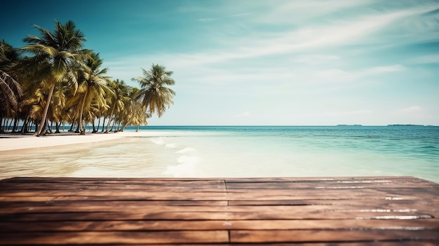 Mpty drewniany stół na oszałamiającym tropikalnym raju na plaży