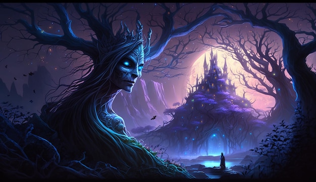 Mroczny krajobraz fantasy z drzewem i zamkiem z niebieską koroną.
