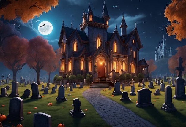 Mroczny zamek w noc Halloween Generatywna sztuczna inteligencja
