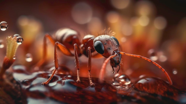 Mrówka z kroplami rosy na włosach Makro zbliżenie AI wygenerowane