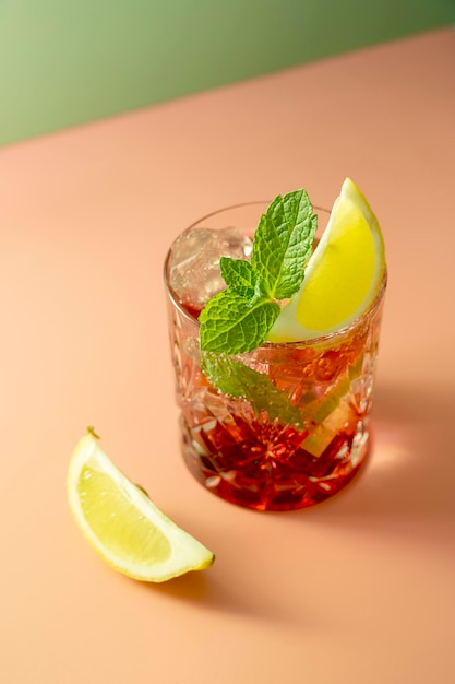 Mrożona herbata owocowa lub zimny napój jagodowy w szklance ze świeżymi liśćmi mięty Orzeźwiający letni napój Kolorowe różowe i zielone tło