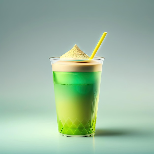 Mrożona latte z zielonej herbaty w plastikowym kubku z kopułą i izolacją ze słomy