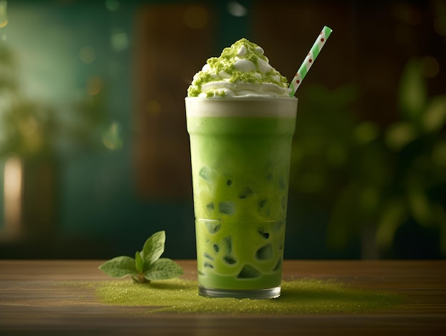 Mrożona zielona herbata matcha zmieszana z kostkami lodu i mlekiem w wysokiej szklance kreatywnej ilustracji Z bliska Zimna matcha latte na ciemnym rozmytym tle Zielony mocktail z kostkami lodu i mlekiem Generative AI