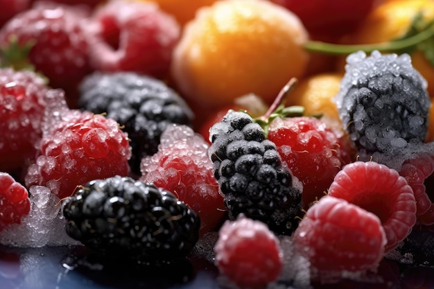 mrożone owoce na kuchennym stole profesjonalna fotografia kulinarna AI Generated
