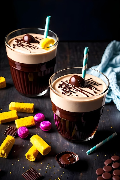 Mrożony czekoladowy koktajl mleczny na ciemnym tle