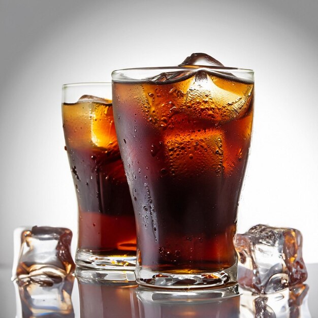 Mrożony napój cola w szklanej filiżance Kawałki lodu