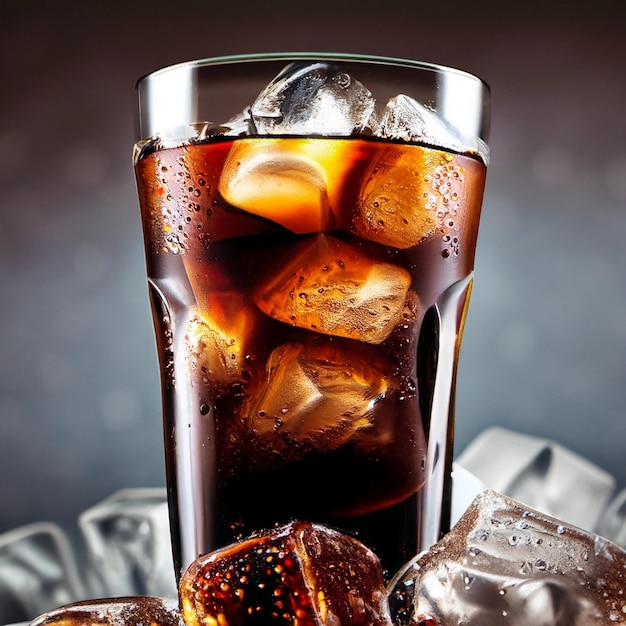 Mrożony napój cola w szklanej filiżance Kawałki lodu