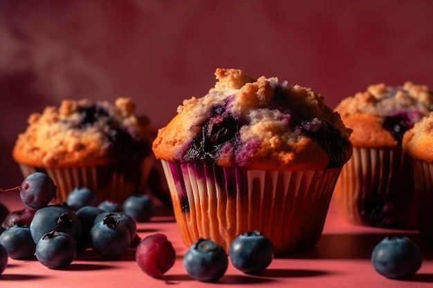 Muffin jagodowy na jasnym tle Ilustracja generatywna AI