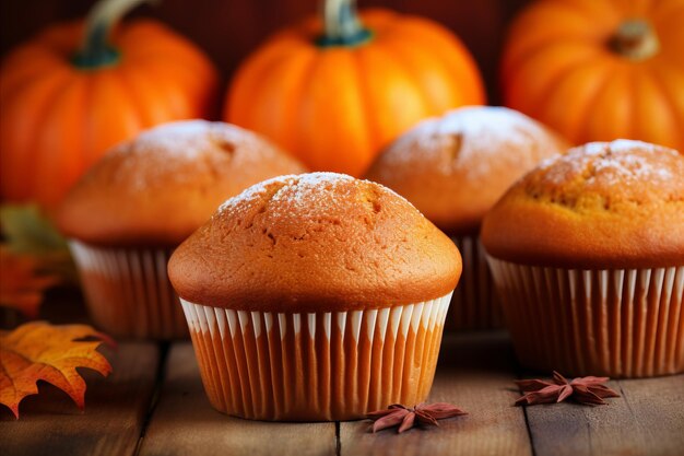 Muffiny z dyniowymi przyprawami na rozmytym tle z przestrzenią do kopiowania tekstu w domowej kuchni