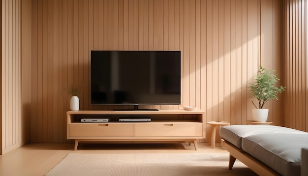 Muji styl salonu z szafą na telewizor na drewnianym tle