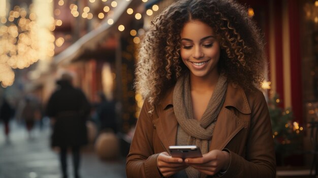 Mulatka z kręconymi włosami, patrząca na telefon na ulicy