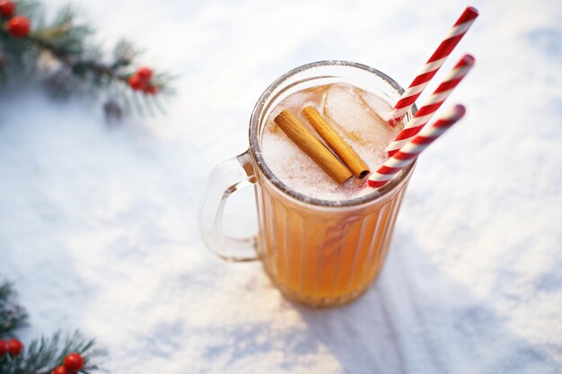 Zdjęcie mulled cider z czerwoną i białą paską słomy na śnieżnym tle