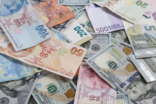 Multi Euro Dolar Gotówka I Moneta Różne Rodzaje Banknotów Nowej Generacji Bitcoin Lira Turecka