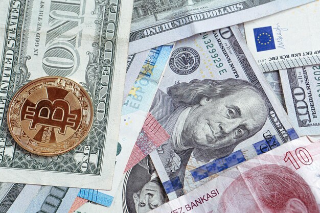 Multi Euro Dolar gotówka i moneta Różne rodzaje banknotów nowej generacji bitcoin lira turecka